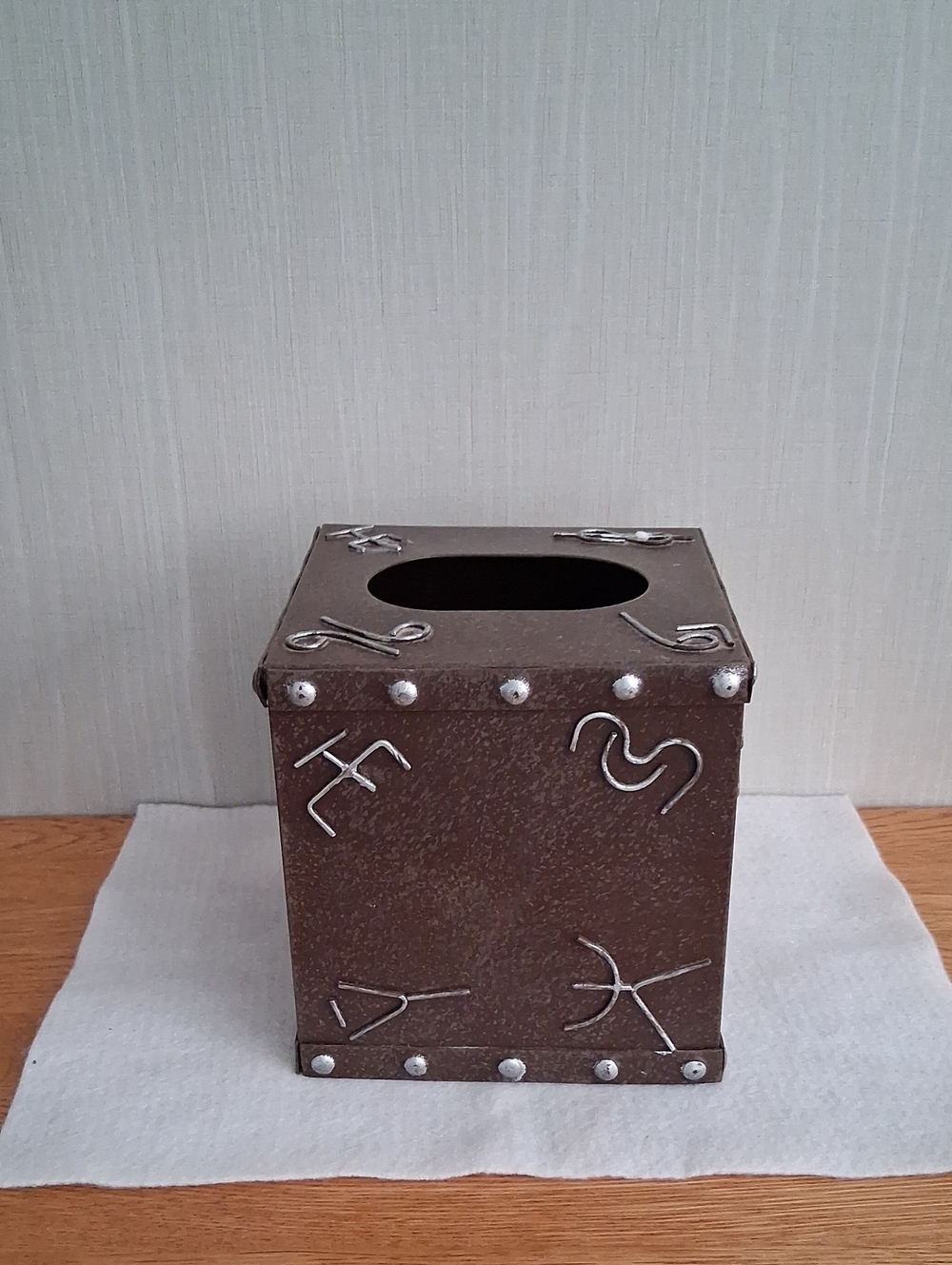 Rustic Brown Metal with Cattle Brand Symbols Tissue Box Holder